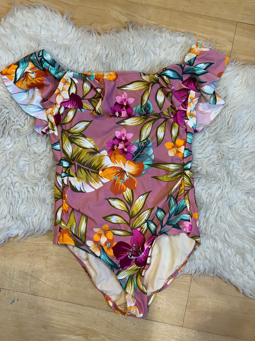 Floral Off-Shoulder One-Piece Swimsuit - Mauve Pink